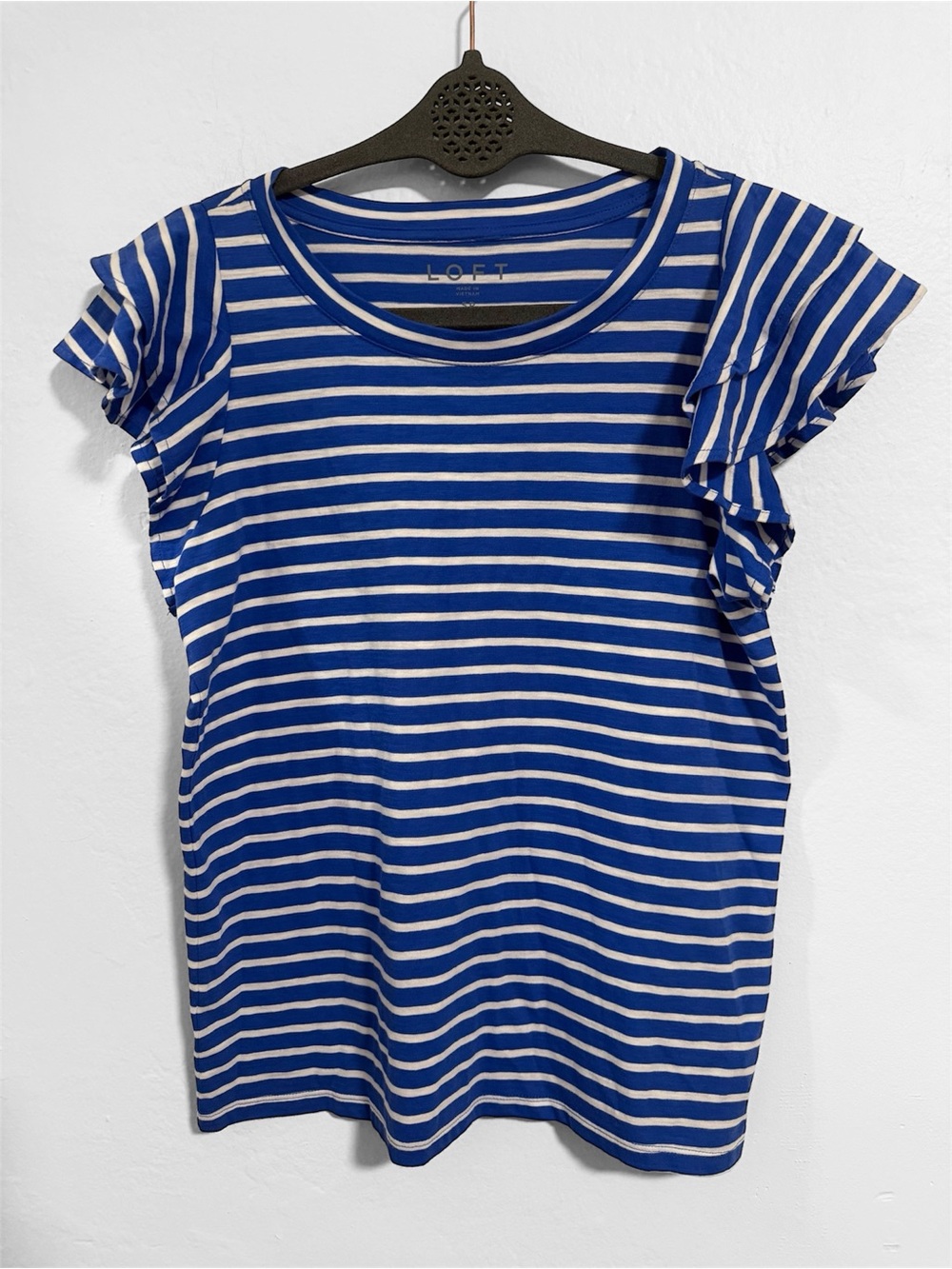 LOFT Blue White Stripe Flutter Sleeve Tee Petite Small